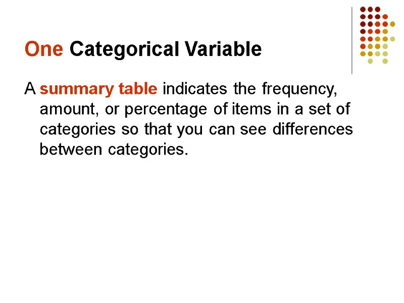 One Categorical Variable A summary table indicates the frequency, amount, or percentage of items